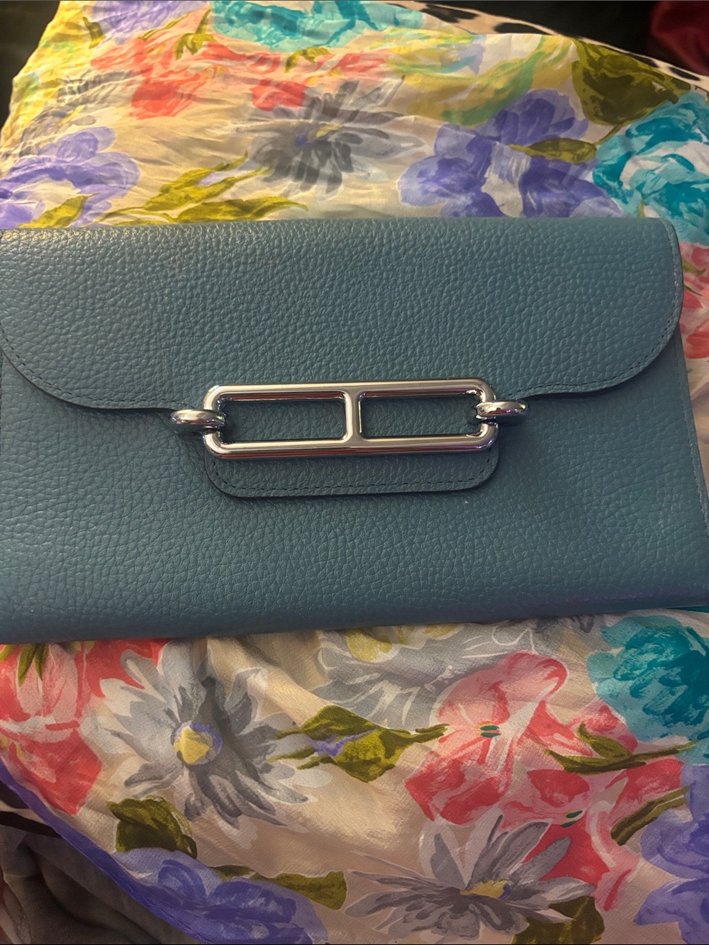 Hermes Blue Leather Envelope Clutch with Silver Hardware